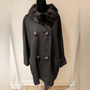 Vintage 1960s Milano Coat Black Brown Satin Lined Union Made Fur Neckline XL